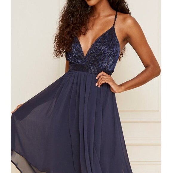 Le Chateau Navy Blue Metallic Knit Deep-V Fit & Flare Dress Size XXL - Picture 7 of 7